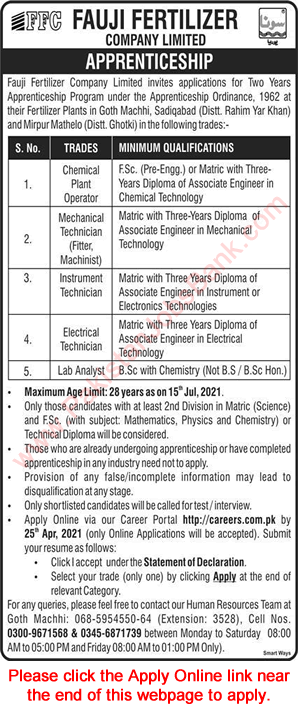 FFC Apprenticeship 2021 March Apply Online Fauji Fertilizer Company Limited Latest