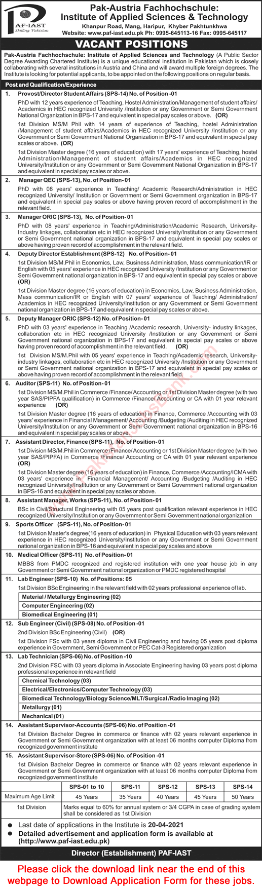 PAF IAST Haripur Jobs 2021 March Application Form Pak-Austria Fachhochschule Institute of Applied Sciences and Technology Latest