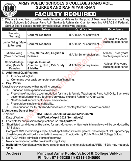 Army Public Schools and Colleges Jobs April 2021 Teachers in Pano Aqil, Sukkur & Rahim Yar Khan Latest