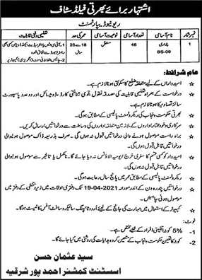 Patwari Jobs in Revenue Department Ahmedpur Sharqia 2021 April Assistant Commissioner Office Latest