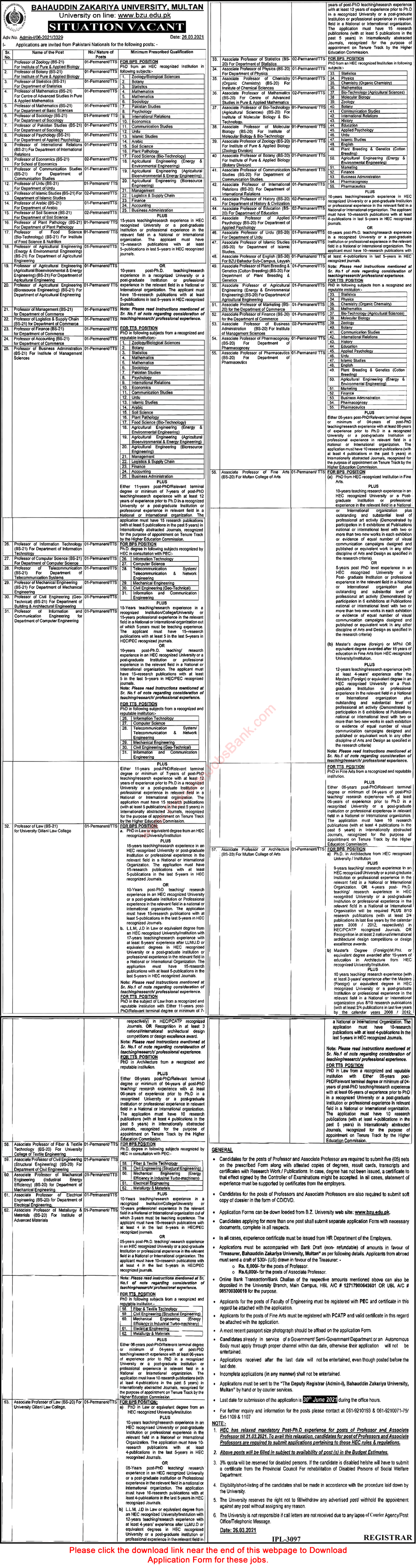 Bahauddin Zakariya University Multan Jobs 2021 April Application Form Teaching Faculty Latest