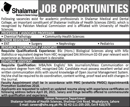 Shalamar Medical and Dental College Lahore Jobs 2021 April Teaching Faculty & Others Latest