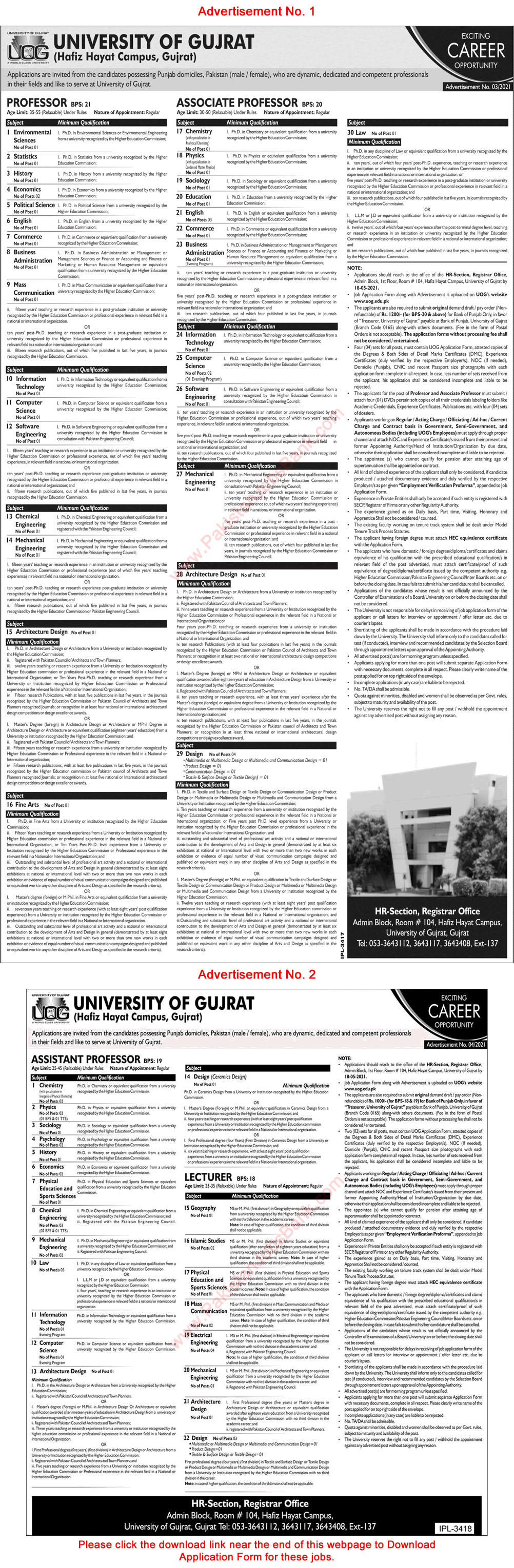 University of Gujrat Jobs April 2021 Application Form UOG Teaching Faculty Hafiz Hayat Campus Latest