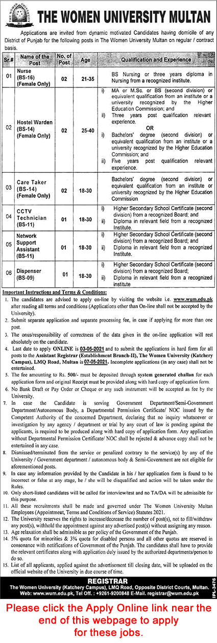 Women University Multan Jobs April 2021 Apply Online Nurses & Others Latest