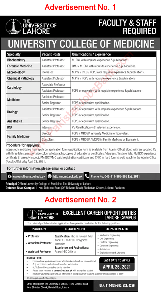 University of Lahore Jobs April 2021 UOL Teaching Faculty Latest