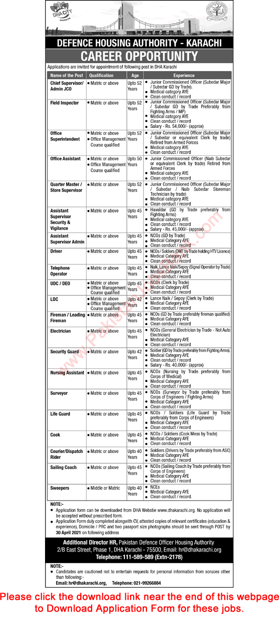 DHA Karachi Jobs 2021 April Application Form Defence Housing Authority Latest