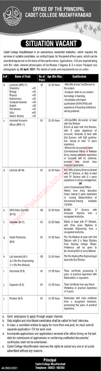 Cadet College Muzaffarabad Jobs 2021 April Lecturers & Others Latest