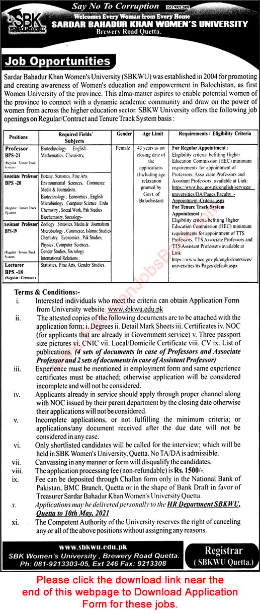 Sardar Bahadur Khan Women's University Quetta Jobs 2021 April SBKWU Application Form Latest