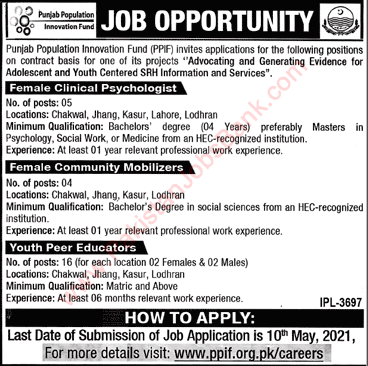 Punjab Population Innovation Fund Jobs 2021 April PPIF Youth Peer Educators & Others Latest