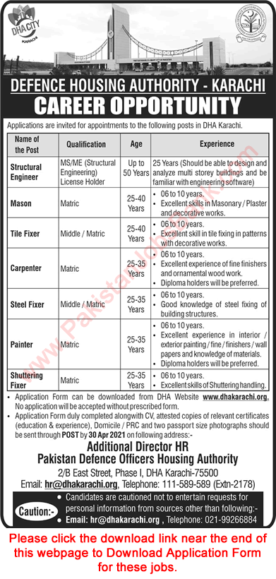 DHA Karachi Jobs 2021 April Application Form Defence Housing Authority Latest