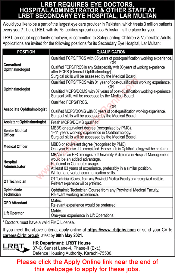 LRBT Eye Hospital Multan Jobs April 2021 Apply Online Medical Officers & Others Latest