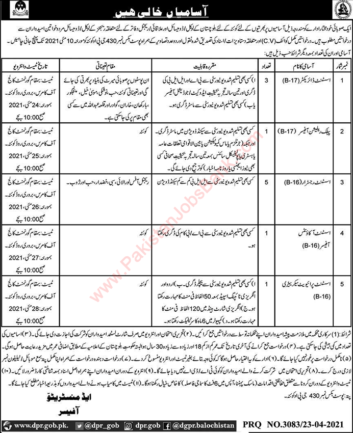 Directorate of Public Relations Balochistan Jobs April 2021 Assistant Directors / Registrars & Others Latest