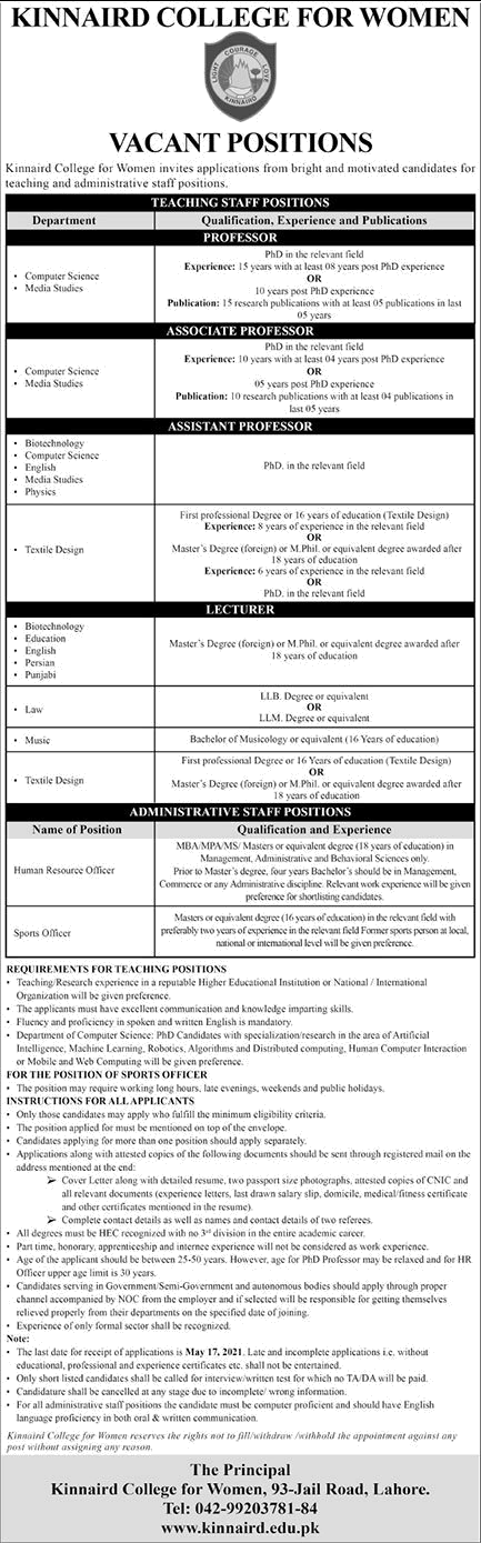 Kinnaird College for Women Lahore Jobs 2021 May Teaching Faculty & Others Latest