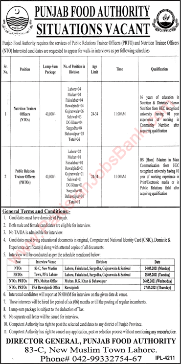 Punjab Food Authority Jobs May 2021 PFA Trainee Officers NTO & PRTO Latest