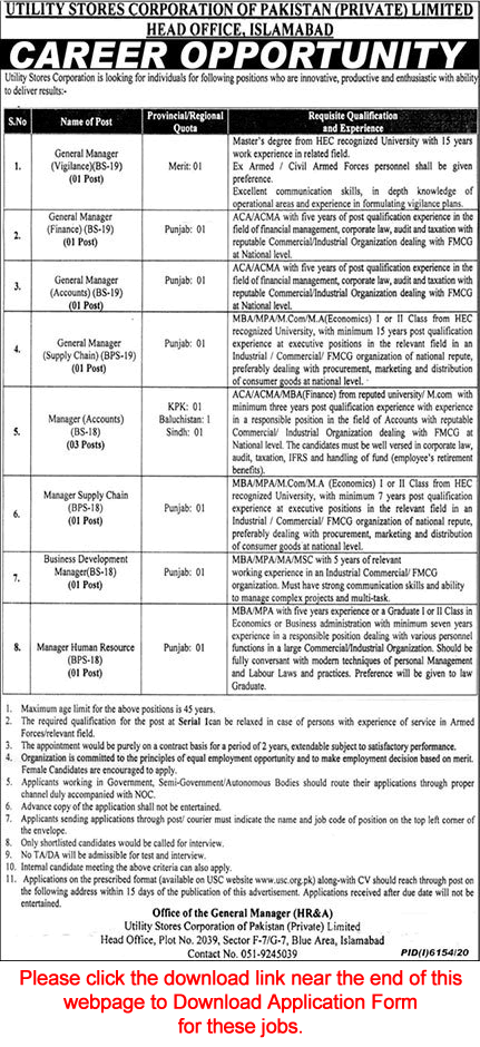 Utility Stores Corporation Islamabad Jobs May 2021 Application Form General Managers & Others Latest