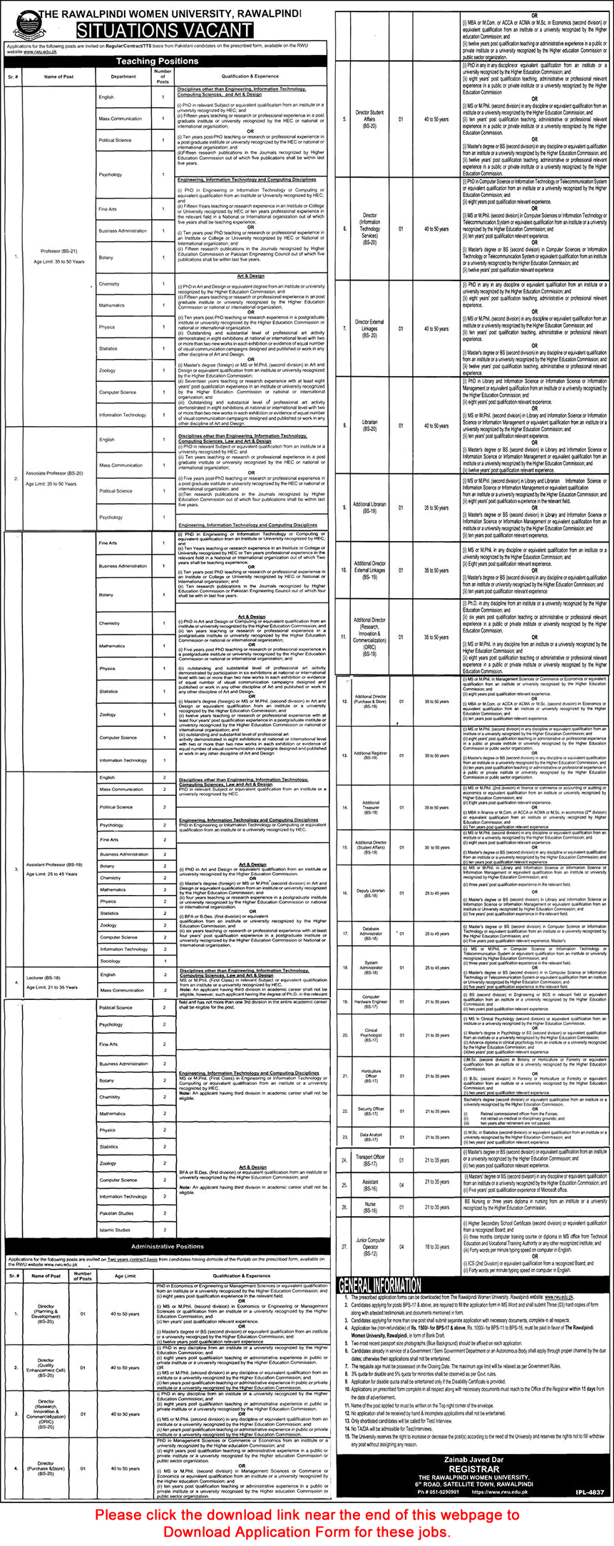 Rawalpindi Women University Jobs May 2021 June RWU Application Form Teaching Faculty & Others Latest