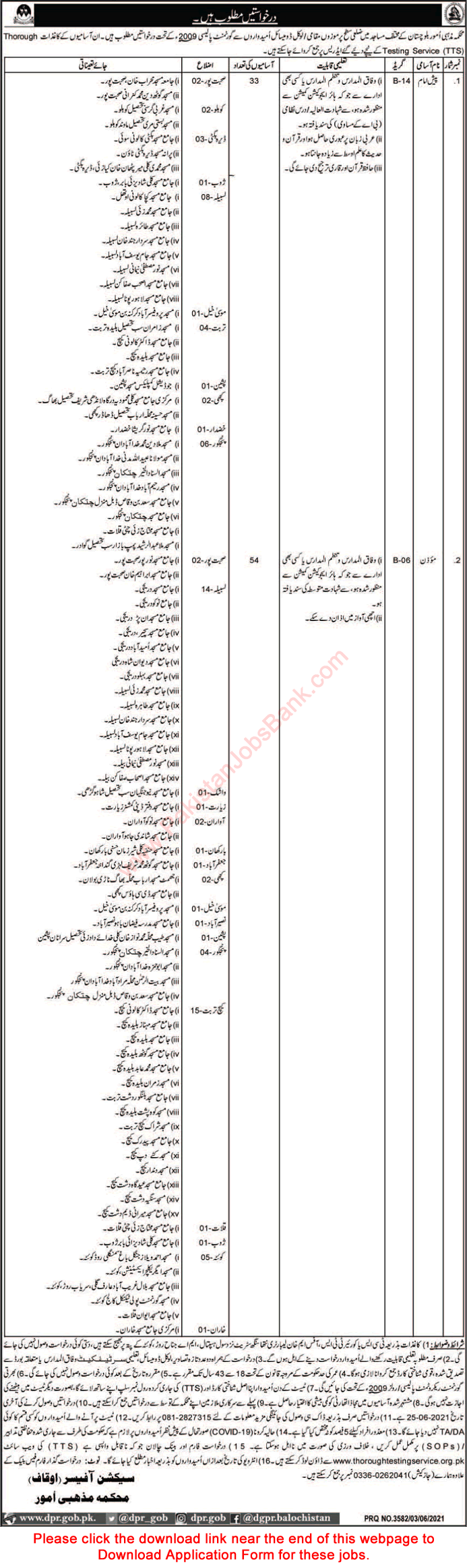 Ministry of Religious Affairs Balochistan Jobs June 2021 TTS Application Form Muazzin & Pesh Imam Latest