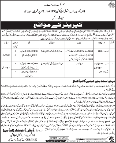 Directorate of School Education Hyderabad Jobs 2021 June Drivers, Naib Qasid & Others Latest