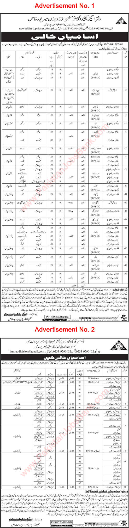 Irrigation Department Mirpurkhas Jobs 2021 June Baildar, Drivers & Others Latest