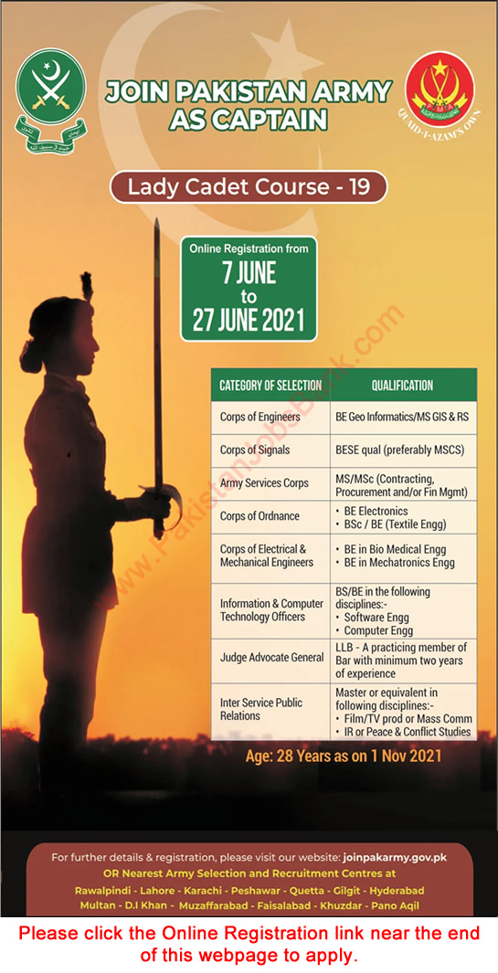 Join Pakistan Army as Captain through Lady Cadet Course 2021 June Online Registration Latest / New