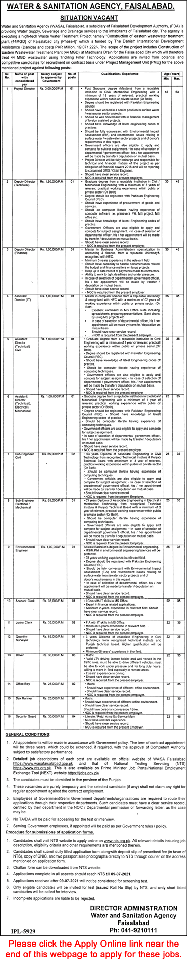 WASA Faisalabad Jobs June 2021 NTS Apply Online Water and Sanitation Agency Latest