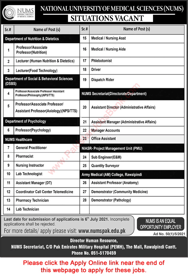 NUMS University Rawalpindi Jobs June 2021 Apply Online Teaching Faculty & Others Latest