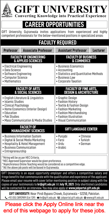 Teaching Faculty Jobs in GIFT University Gujranwala June 2021 Apply Online Latest