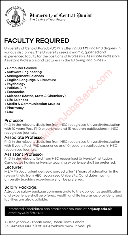University of Central Punjab Lahore Jobs 2021 June UCP Teaching Faculty Latest