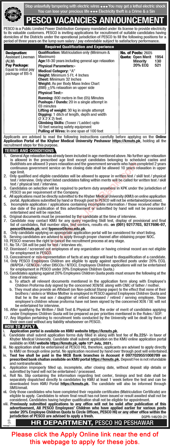 PESCO Jobs 2021 June / July Online Apply Assistant Lineman ALM WAPDA Latest