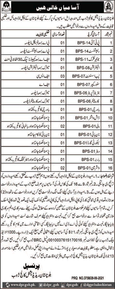 Balochistan Residential College Zhob Jobs June 2021 July Lab Attendants & Others Latest