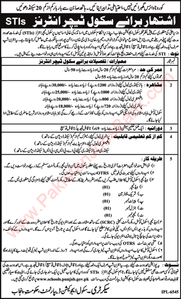 School Teacher Intern Jobs in Punjab School Education Department 2021 July STI Latest