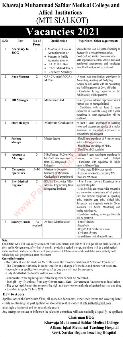 Khawaja Muhammad Safdar Medical College Jobs 2021 July MTI Sialkot Latest