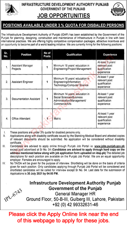 Infrastructure Development Authority Punjab Jobs July 2021 IDAP Apply Online Disable Quota Latest