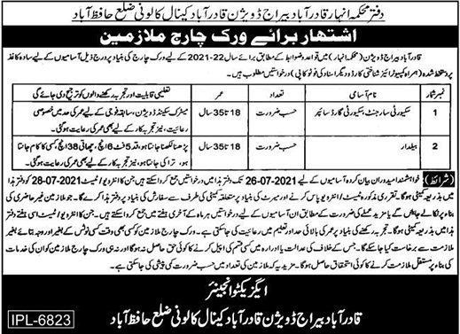 Irrigation Department Qadirabad Jobs 2021 July Hafizabad Security Sergeants & Baildar Latest