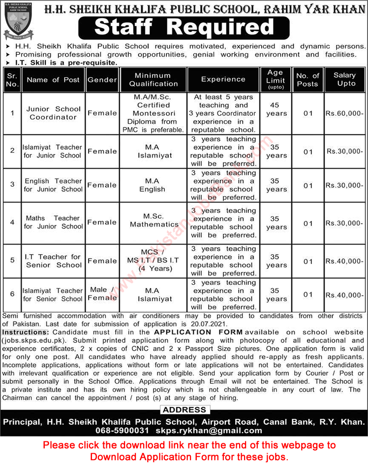 HH Sheikh Khalifa Public School Rahim Yar Khan Jobs 2021 July Teachers Application Form Latest