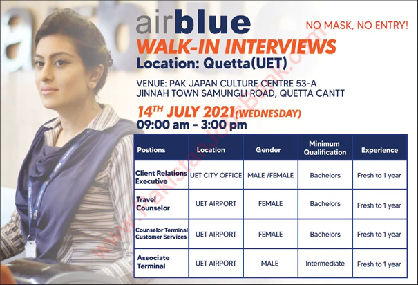 Air Blue Jobs 2021 July Customer Services / Travel Counselor & Others Walk in Interviews Latest