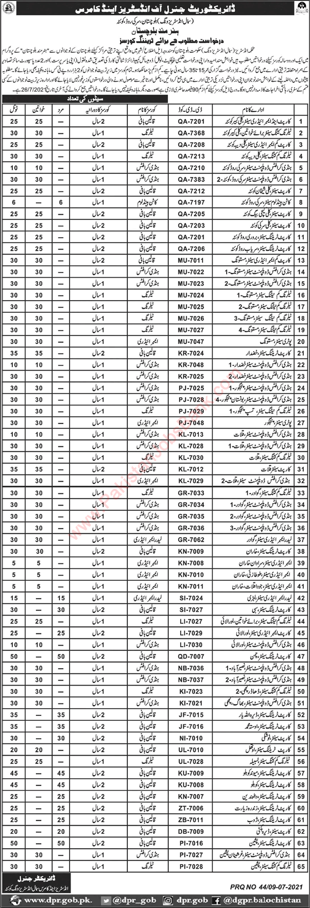 Directorate General of Industries and Commerce Balochistan Free Courses 2021 July Latest