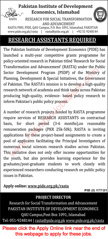 Research Assistant Jobs in Pakistan Institute of Development Economics 2021 July Apply Online RASTA Latest