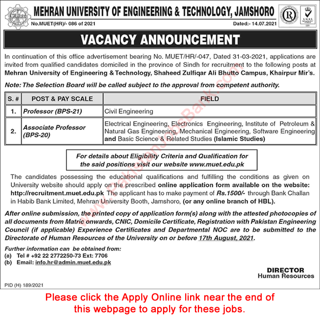 Mehran University of Engineering and Technology Jamshoro Jobs July 2021 Apply Online Teaching Faculty Latest