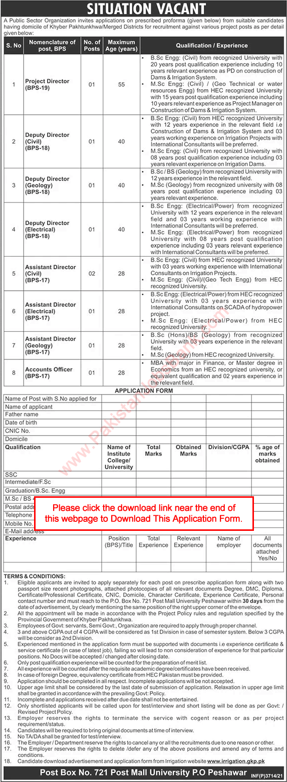 PO Box 721 Peshawar Jobs 2021 July Application Form Deputy / Assistant Directors & Others Latest
