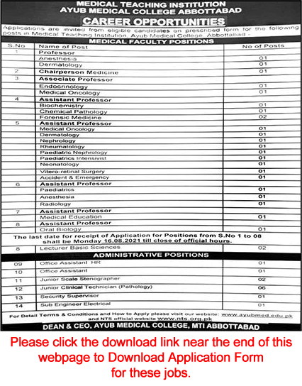 Ayub Medical College Abbottabad Jobs 2021 July Application Form Teaching Faculty & Others Latest