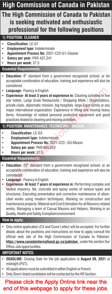 High Commission of Canada in Pakistan Jobs 2021 July / August Apply Online Mason & Cleaner Latest