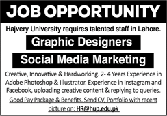 Hajvery University Lahore Jobs 2021 July / August Graphic Designers & Social Media Marketing Staff Latest