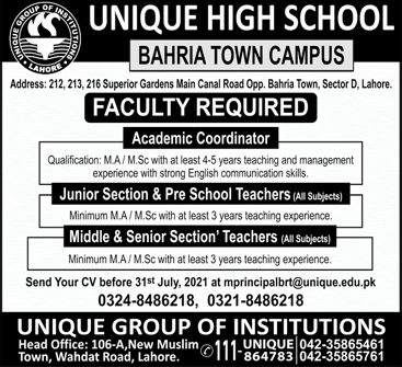 Unique High School Lahore Jobs 2021 July / August Teachers & Academic Coordinator at Bahria Town Campus Latest