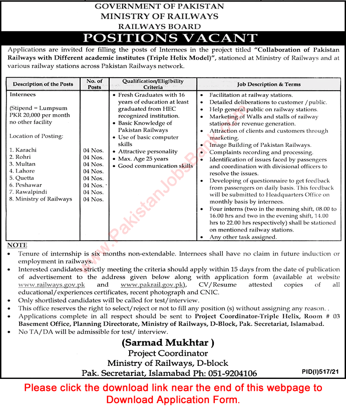 Ministry of Railways Jobs July 2021 Application Form Pakistan Railways Internship Program Latest