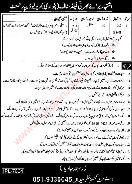 Patwari Jobs in Revenue Department Kallar Syedan August 2021 Rawalpindi Latest
