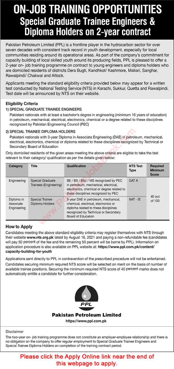 PPL Job August 2021 NTS Apply Online On Job Training for Special Graduate Trainee Engineers & Diploma Holders Latest