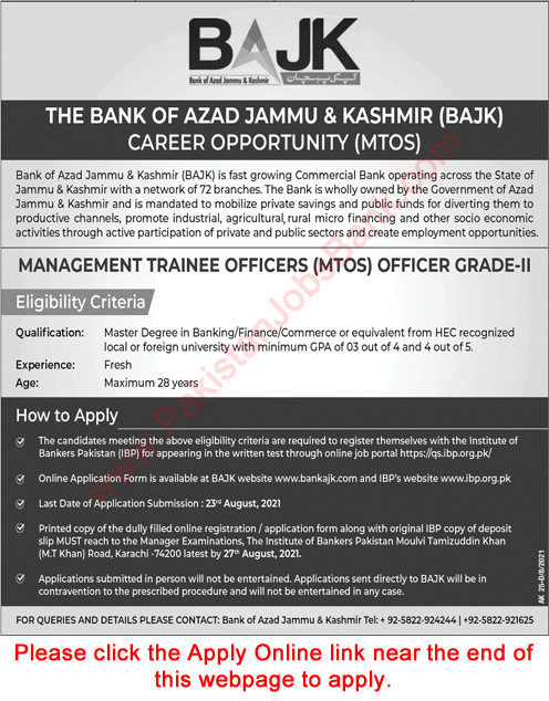 Management Trainee Officer Jobs in Bank of Azad Jammu & Kashmir 2021 August Apply Online BAJK Latest