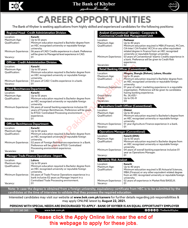 Bank of Khyber Jobs August 2021 Apply Online Retail Banking Officers & Others Latest BOK Latest