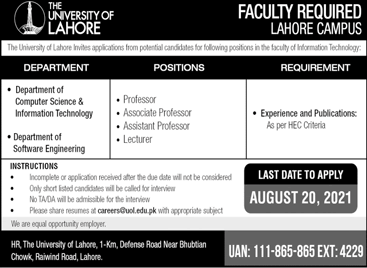 Teaching Faculty Jobs in University of Lahore August 2021 UOL Latest